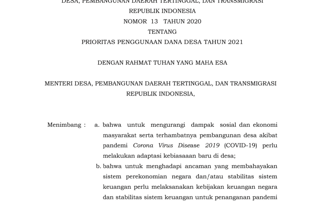 Permendesa, PDTT No. 13 Tahun 2020 ttg Prioritas Penggunaan DD Tahun 2021