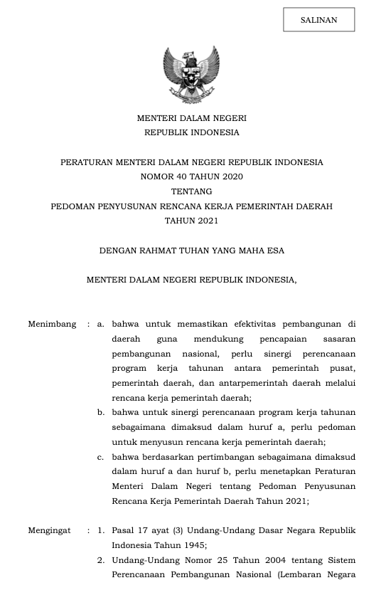 Permendagri No 40 Tahun 2020 PEDOMAN PENYUSUNAN RKPD-2021
