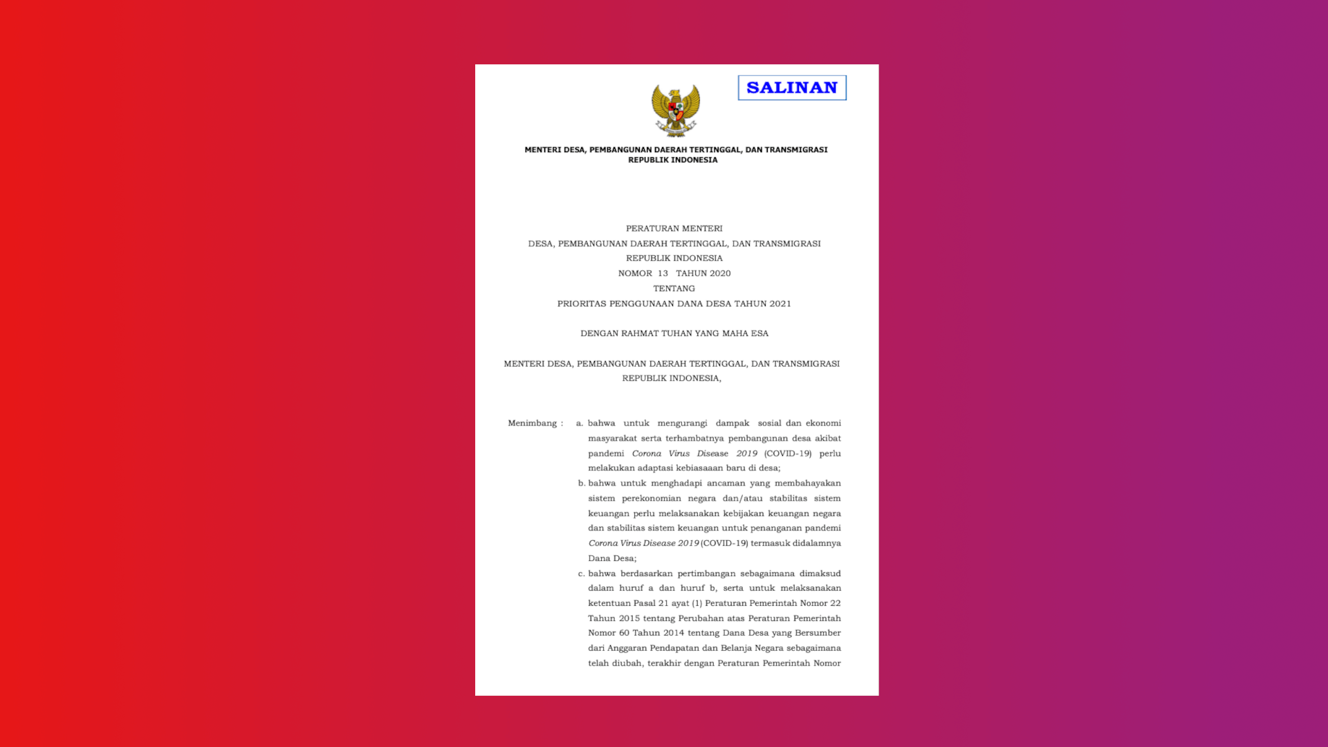Peraturan Menteri Desa, Pembangunan Daerah Tertinggal, Dan Transmigrasi Republik Indonesia Nomor 13 Tahun 2020 Tentang Prioritas Penggunaan Dana Desa Tahun 2021